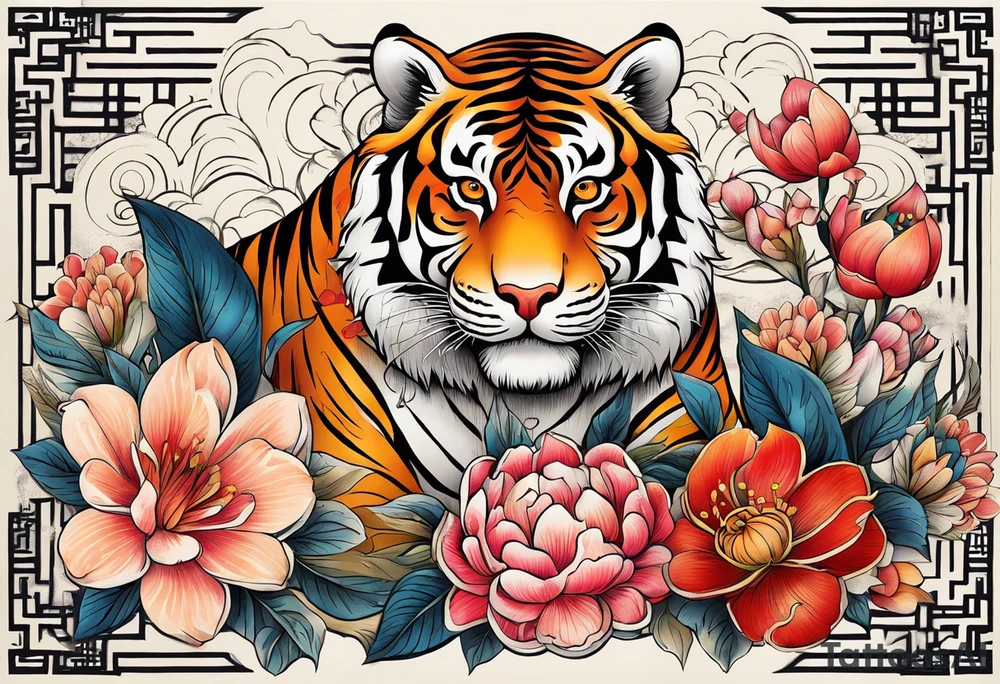 Numerology with flowers, tiger and the numbers 1111, 888, 222, 444, 777, 1234 tattoo idea