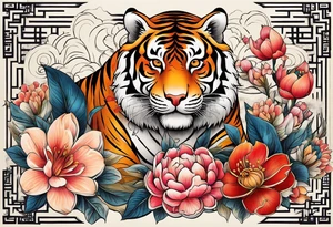 Numerology with flowers, tiger and the numbers 1111, 888, 222, 444, 777, 1234 tattoo idea