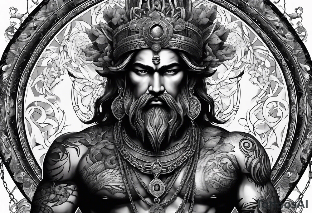 ancient god atlas ( young looking version ) surrounded by big chains and carrying the world top of his head tattoo idea