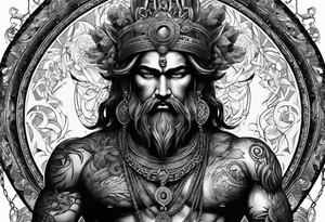 ancient god atlas ( young looking version ) surrounded by big chains and carrying the world top of his head tattoo idea