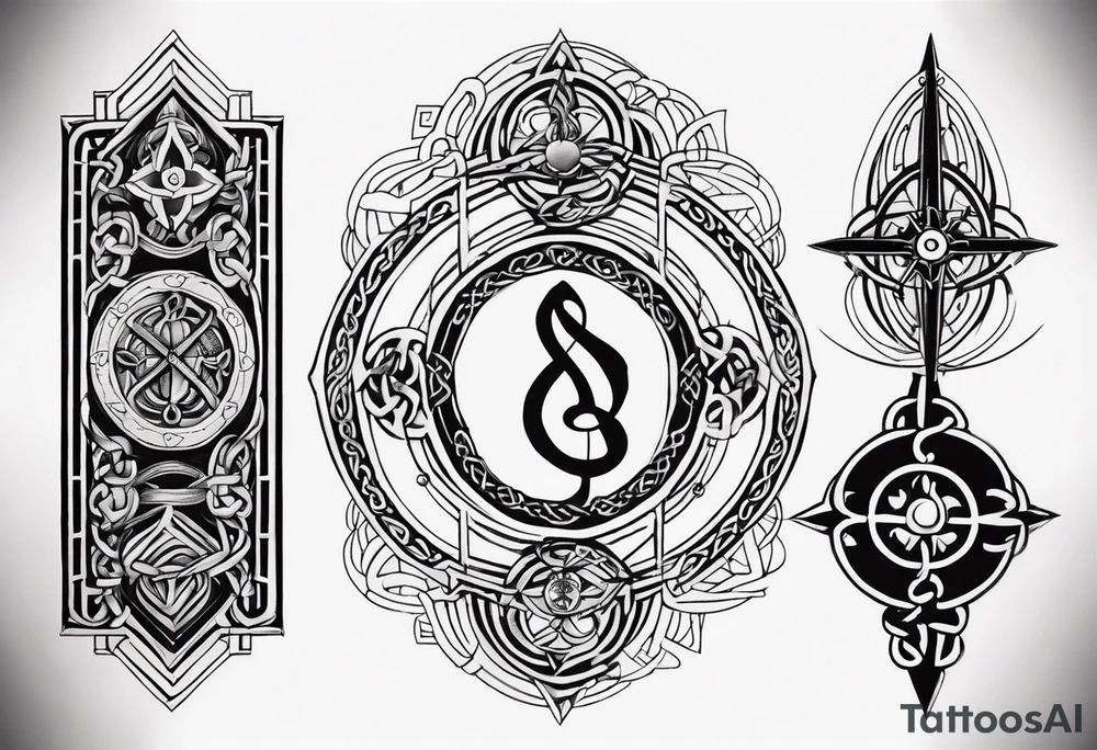 Celtic styling, anchor, compass, bass clef note, treble clef note, dog paw print, half sleeve, forearm tattoo idea