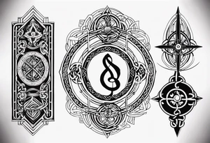 Celtic styling, anchor, compass, bass clef note, treble clef note, dog paw print, half sleeve, forearm tattoo idea