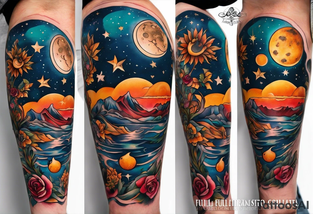 A tattoo design inspired by southern Italian folklore tales, incorporating mystical creatures and celestial objects such as moons and stars, reflecting the client's love for folklore and celestial objects. tattoo idea