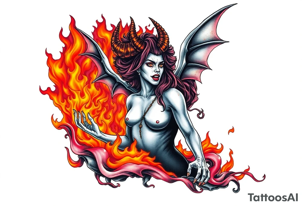 Female demon in the flame tattoo idea