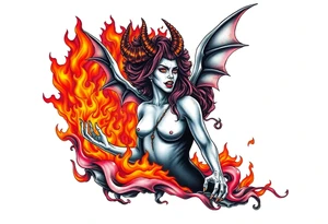 Female demon in the flame tattoo idea