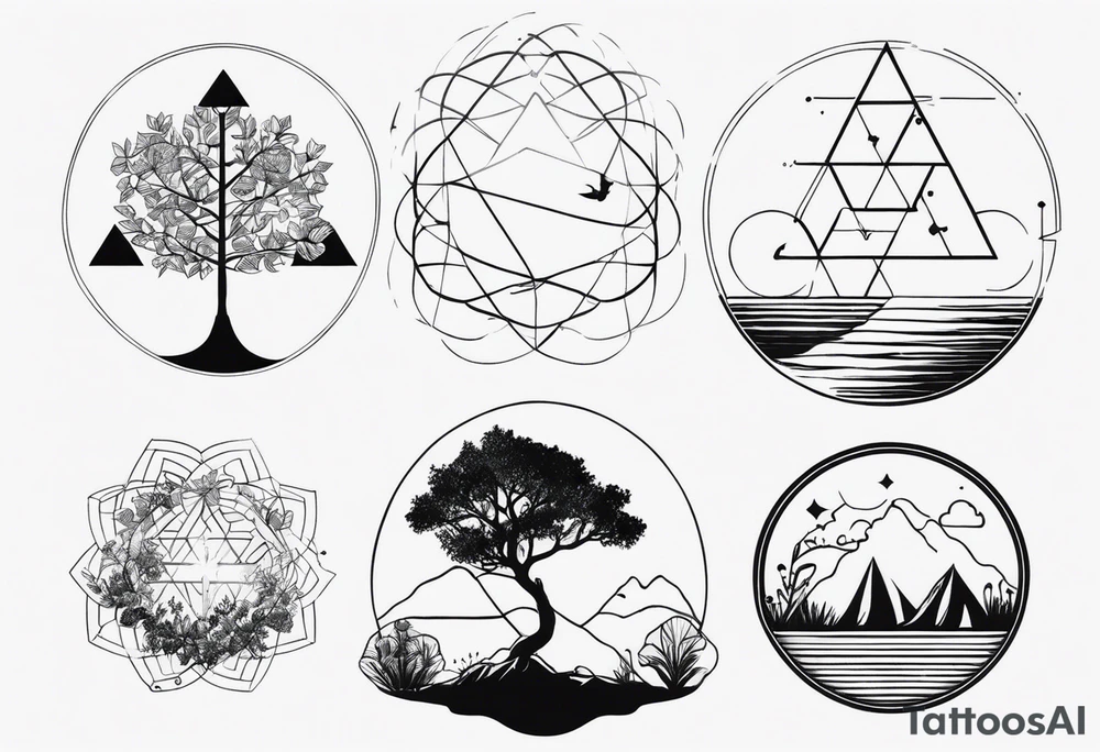 tattoo fine line, contendo árvore da vida, símbolos geométricos, textos em latim sobre força e coragem, DNA tattoo idea
