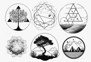 tattoo fine line, contendo árvore da vida, símbolos geométricos, textos em latim sobre força e coragem, DNA tattoo idea