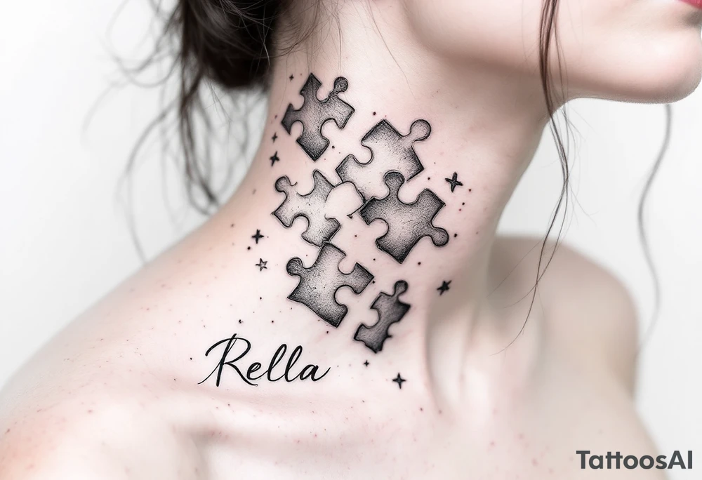 Puzzle piece tattoo on side of the neck  and have a missing piece on the side that says Rella on it. tattoo idea