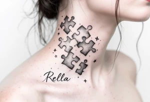 Puzzle piece tattoo on side of the neck  and have a missing piece on the side that says Rella on it. tattoo idea