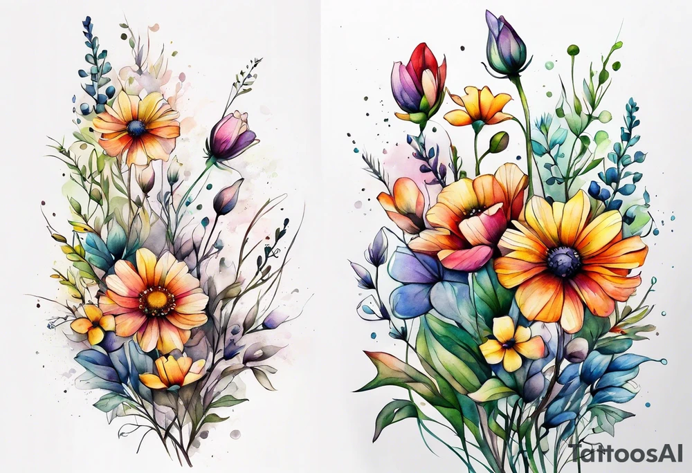 wild flowers long stems bouquet all watercolor tattoo idea