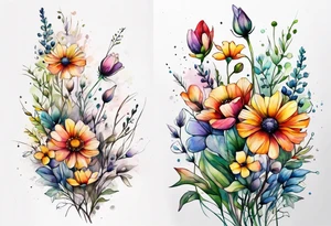 wild flowers long stems bouquet all watercolor tattoo idea