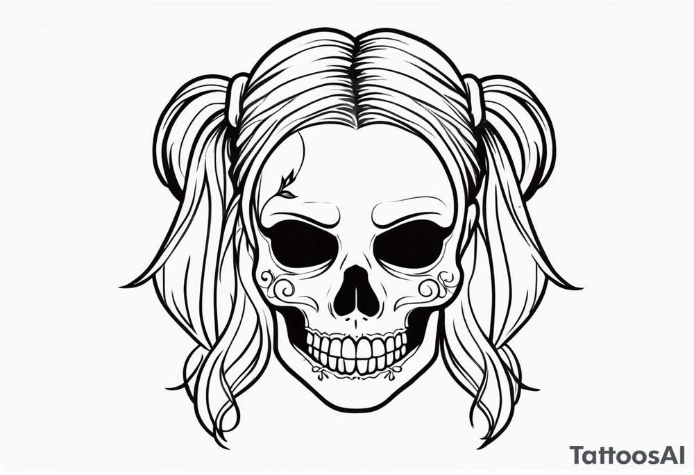 feminine skull and cross bones with hair in two blonde pigtails tattoo idea