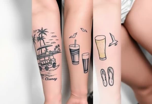 full arm sleeve with individual tattoos that include palm trees, boats, golf cart, seagulls, sea life, a beer, flips flops tattoo idea