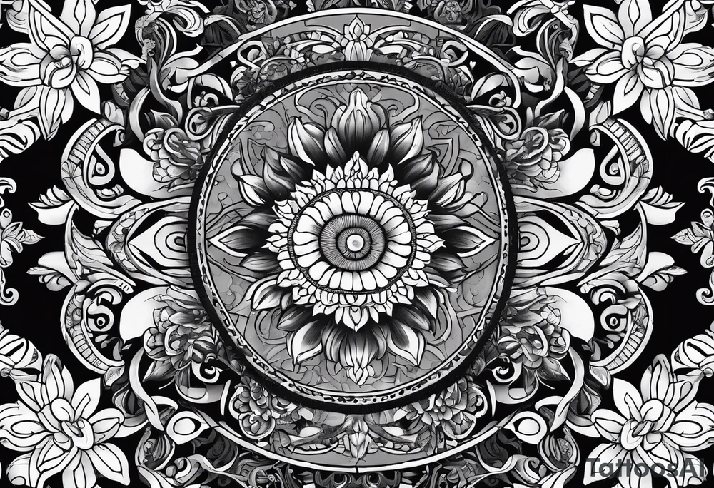 Bali gates of heaven black and grey with sunflower tattoo idea