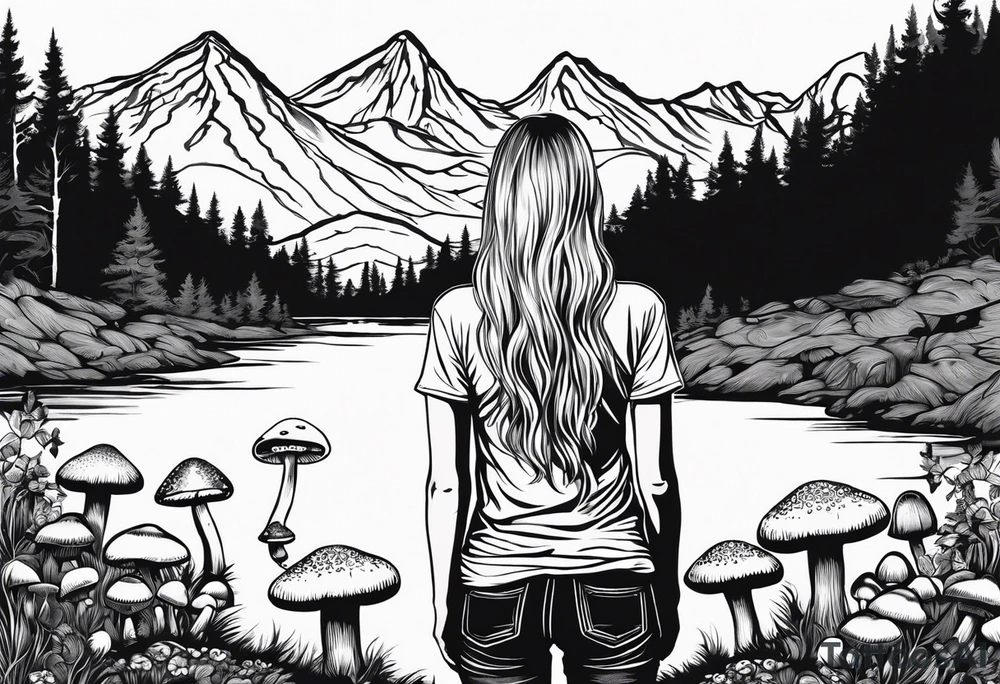 Whole picture encircled fully

Straight long blonde hair hippie girl in distance holding mushrooms in hand facing away toward mountains and creek surrounded by mushrooms tee shirt and hiking pants; whole rendering within a full circle, no cut off circle tattoo idea