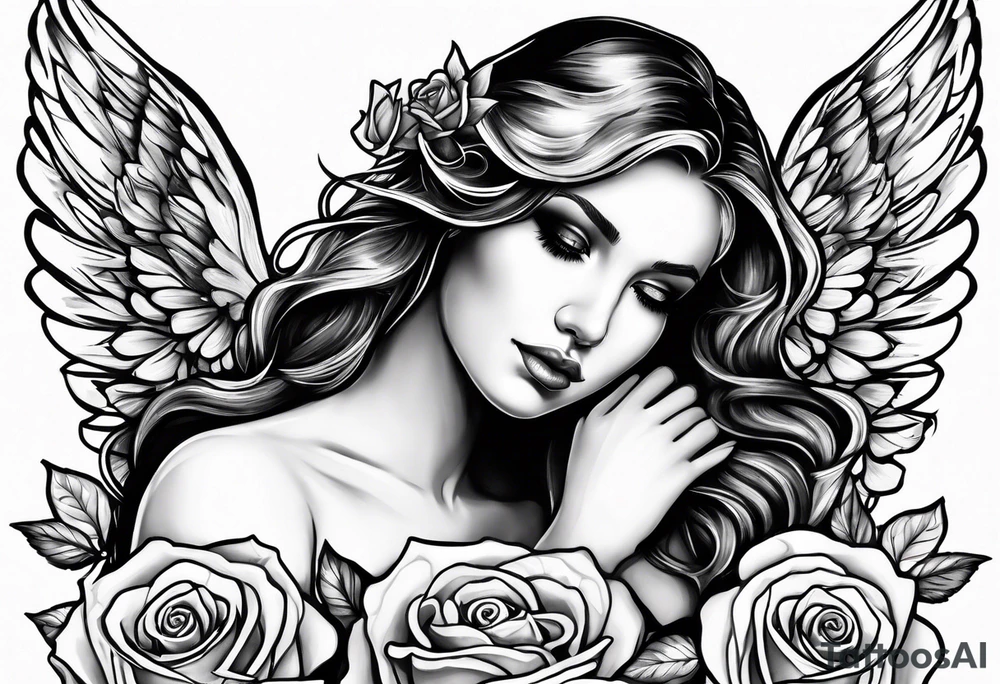 Angel, roses, name MARTINA tattoo idea