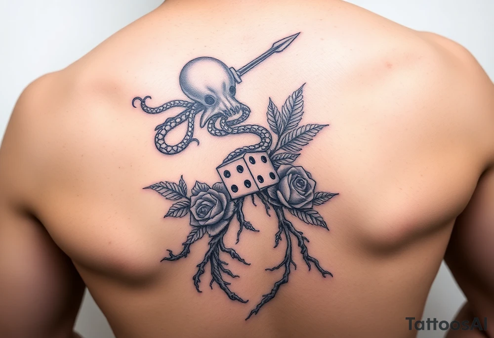 squid, knight intertwined with roses and tree roots rolling dice tattoo idea
