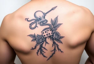 squid, knight intertwined with roses and tree roots rolling dice tattoo idea