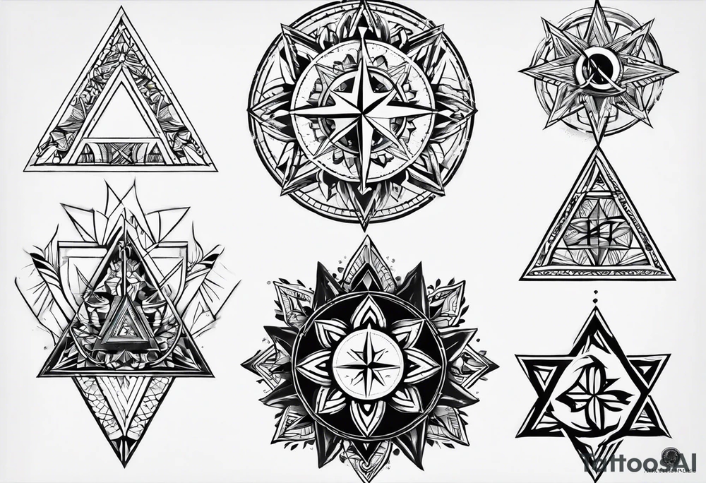 Fine line tattoo in the left forearm on the bottom side. The tattoo will have three shapes placed in a triangle formation. The top shape will be a either a plus sign or a heart that symbolizes health. The bottom left will have a compass rose or a shape symbol for purpose. The bottom right will have three circles placed in a triangle formation to symbolize family. Tattoo should be minimalist with just the shapes filled in and no ornaments tattoo idea