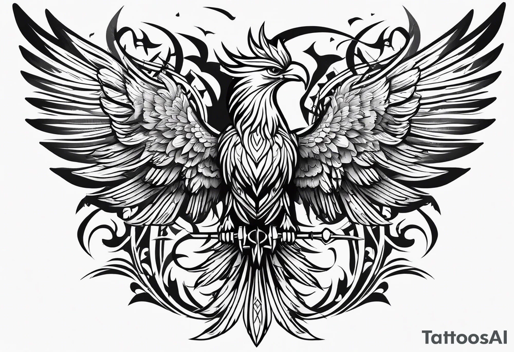phoenix warrior silhouette with weapons tattoo idea