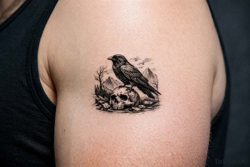 a raven standing on a skull, landscape. tattoo idea