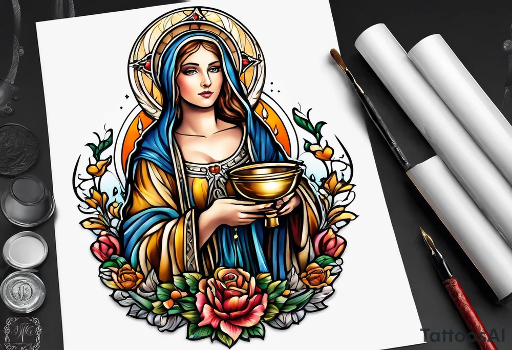Female saint holding a chalice tattoo idea