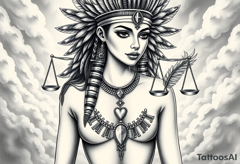 Beautiful Egyptian goddess with a curvy sexy body. She is wearing an ostrich feather headdress, and intricate ancient Egyptian jewelry the Anhk necklace. Background includes something similar to heaven. Incorporate the Scales of Justice—one side holding a heart, the other Ma’at’s feather—glowing with ethereal energy. Emphasize dramatic lighting, deep shadows, and surreal, mystical atmosphere tattoo idea
