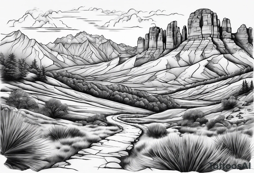 Forearm tattoo with southwest landscape and hikers tattoo idea