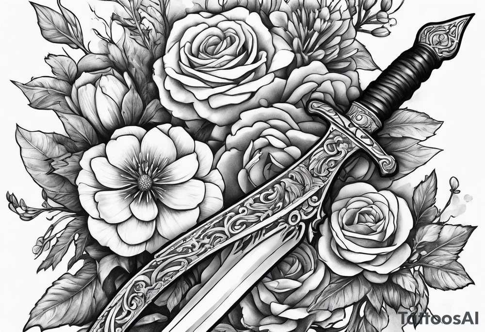 Bloody sword and flowers tattoo idea