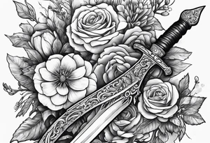 Bloody sword and flowers tattoo idea