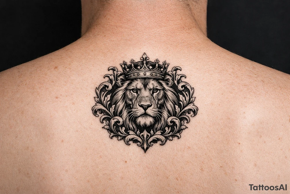 powerful majestic lion with a crown, framed by ornate floral scrollwork tattoo idea