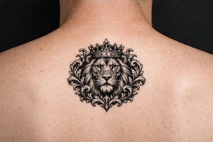 powerful majestic lion with a crown, framed by ornate floral scrollwork tattoo idea