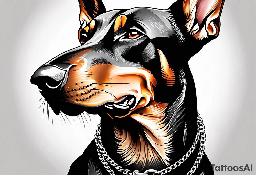 Doberman with open mouth biting
Wearing chain tattoo idea