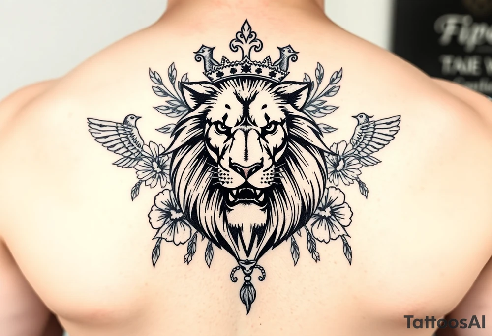 powerful majestic lion with a crown, surrounded by floral ornaments and birds tattoo idea