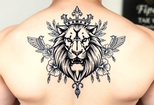 powerful majestic lion with a crown, surrounded by floral ornaments and birds tattoo idea