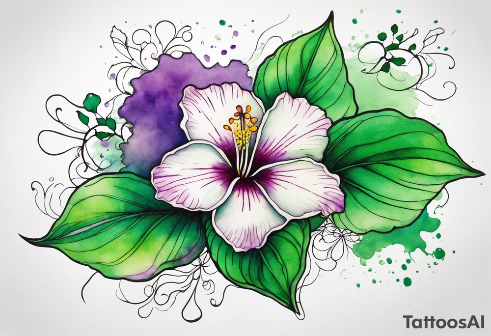 An outline of an only green rio dipladenia flower and a green and purple watercolor splash in the background tattoo idea