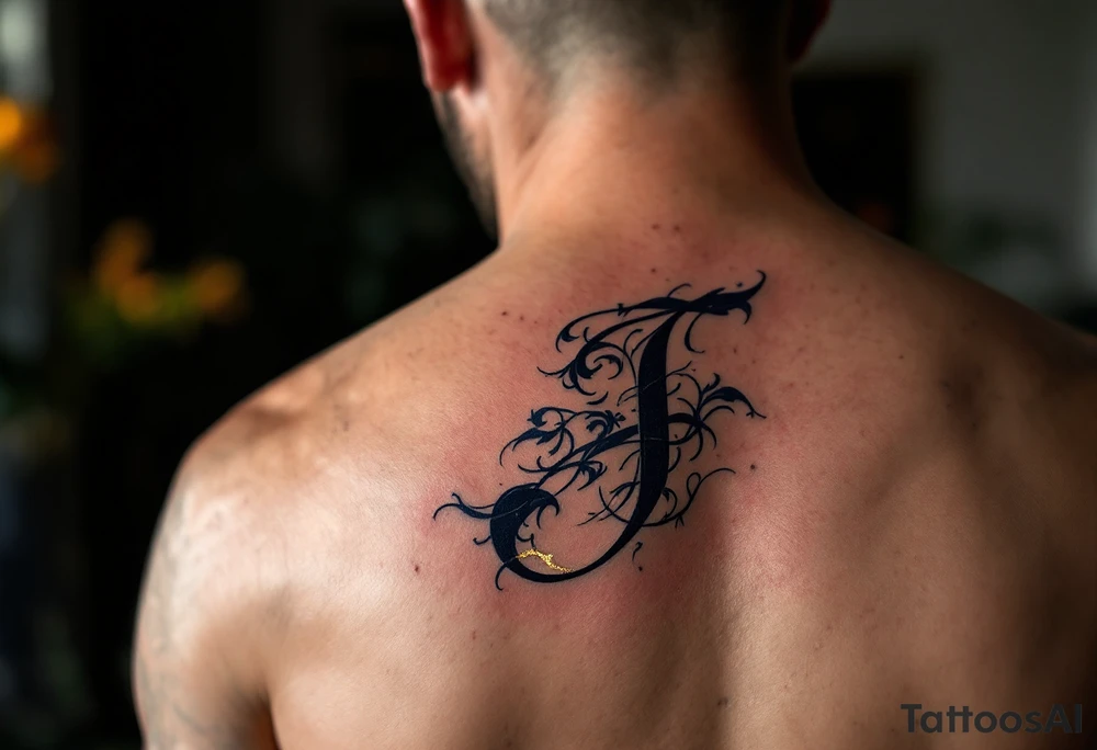 Elegant monogram-style "J" in ink-washed navy with gold leaf highlights. tattoo idea