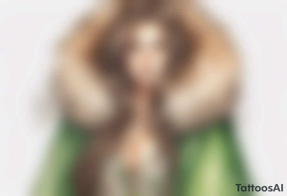 a tan woman with long brown hair  and green eyes wearing a fur cloak tattoo idea