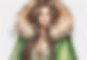 a tan woman with long brown hair  and green eyes wearing a fur cloak tattoo idea
