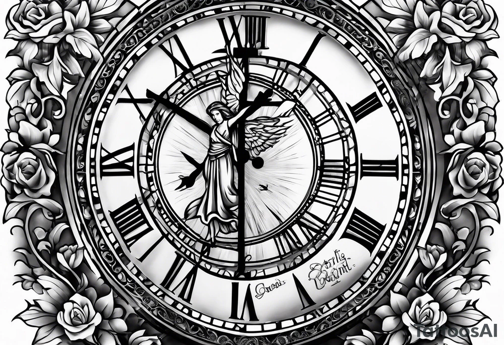 Forearm tattoo:
Mawmaw
07-05-38 / 09-23-24
Grandson and grandma walking up to the gates of heaven with the gates opened shinning bright with a cross and Doves flying around 
Big Busted clock behind it with the time of her death 7:00pm tattoo idea