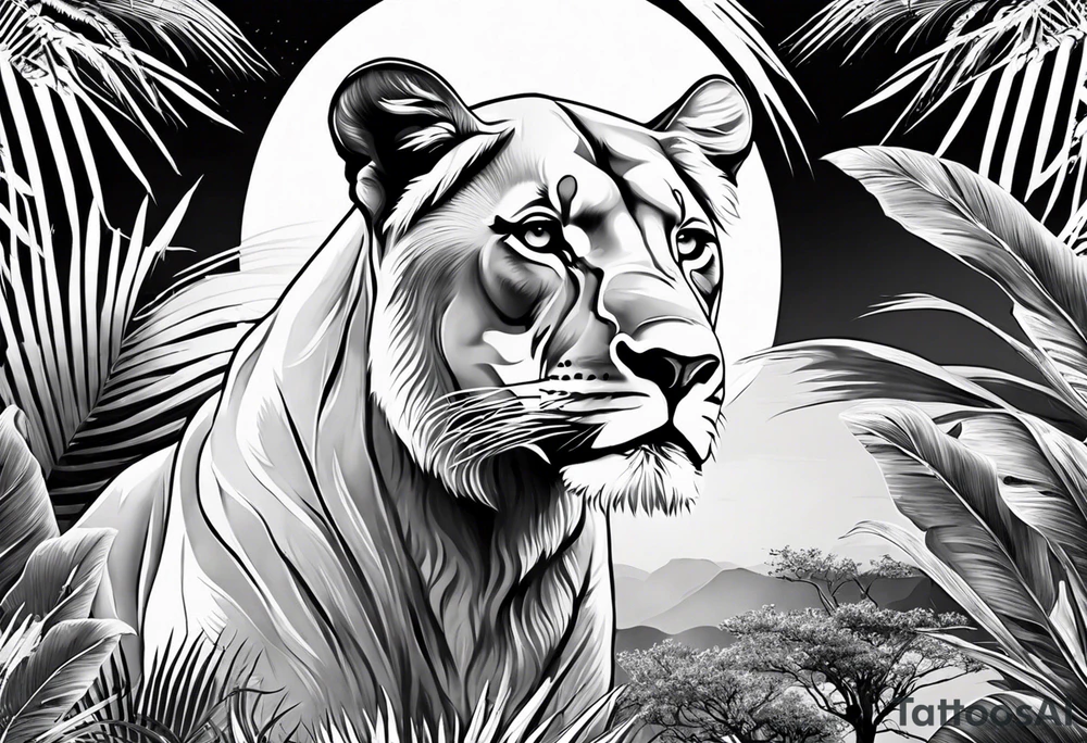 lioness and cub sun palm tree tattoo idea