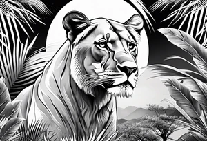 lioness and cub sun palm tree tattoo idea