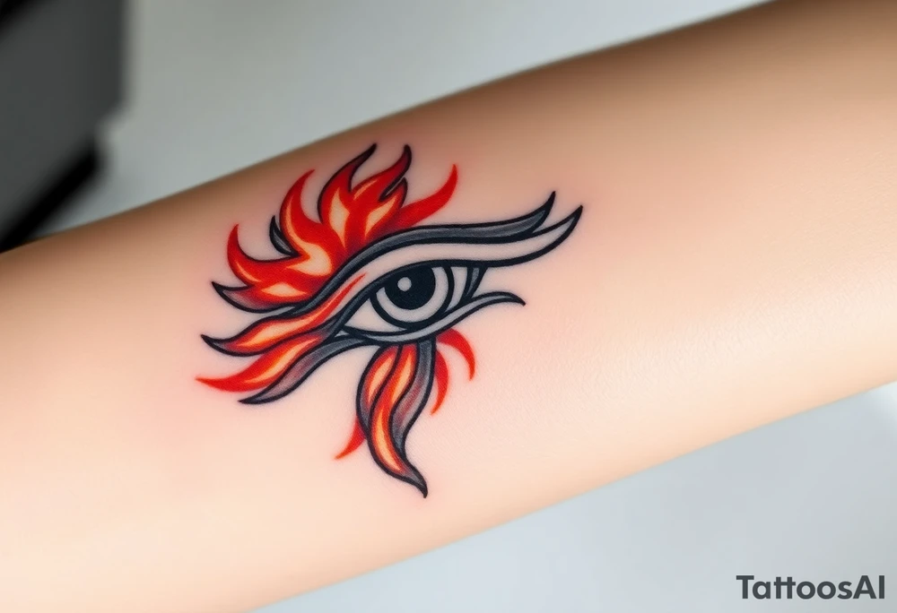 A fire-themed Eye of Horus, with glowing orange and red flames dancing around, symbolizing transformation and power tattoo idea