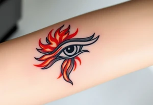 A fire-themed Eye of Horus, with glowing orange and red flames dancing around, symbolizing transformation and power tattoo idea