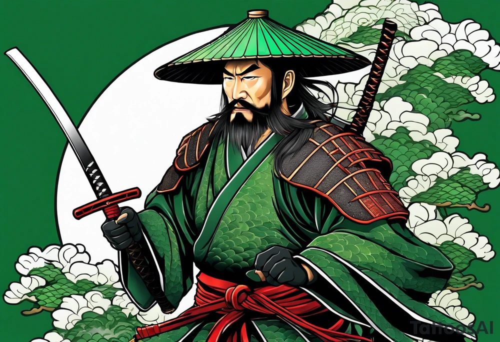 Ronin with drawn Katana in front of green dragon scale background in irezumi style tattoo idea