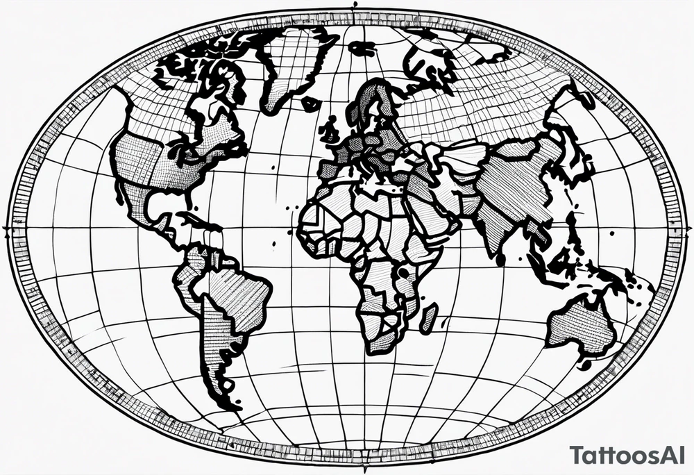 the earth on a flat map with light fading shading placed on a grid with only the lines with accurate depictions of the borders in countries while having it in an oval/circular position on a grid without any borders on the sides tattoo idea