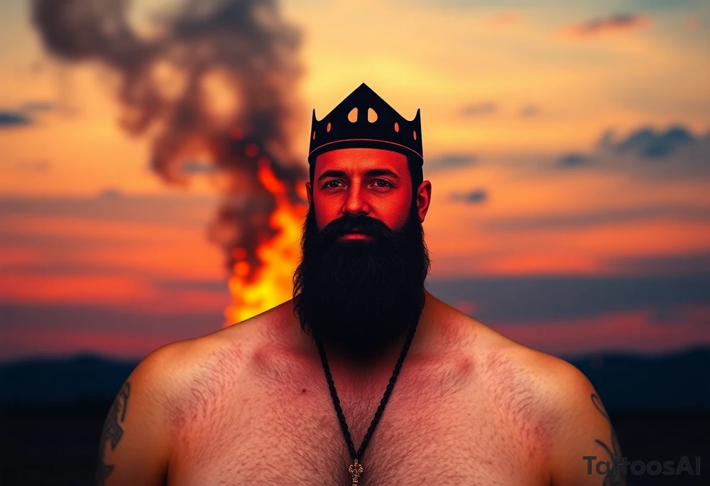 A silhouette of Jan Hus standing before a bonfire, with fiery orange and red shades blending into a deep blue sky. tattoo idea