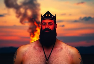 A silhouette of Jan Hus standing before a bonfire, with fiery orange and red shades blending into a deep blue sky. tattoo idea