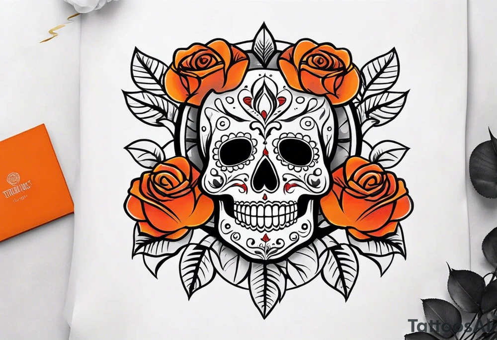 Orange Sugar skull with roses that are orange and red with smoke around it tattoo idea
