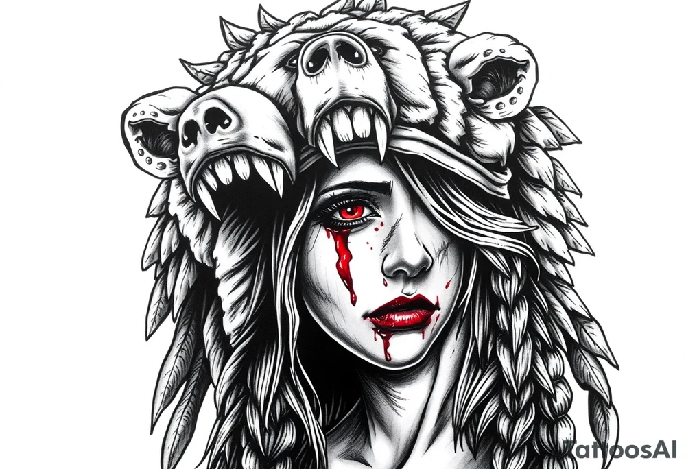 Beautiful Womans with red eyes, shedding a tear, with battle scars and blood on face, wearing a mean looking bear headdress on head tattoo idea